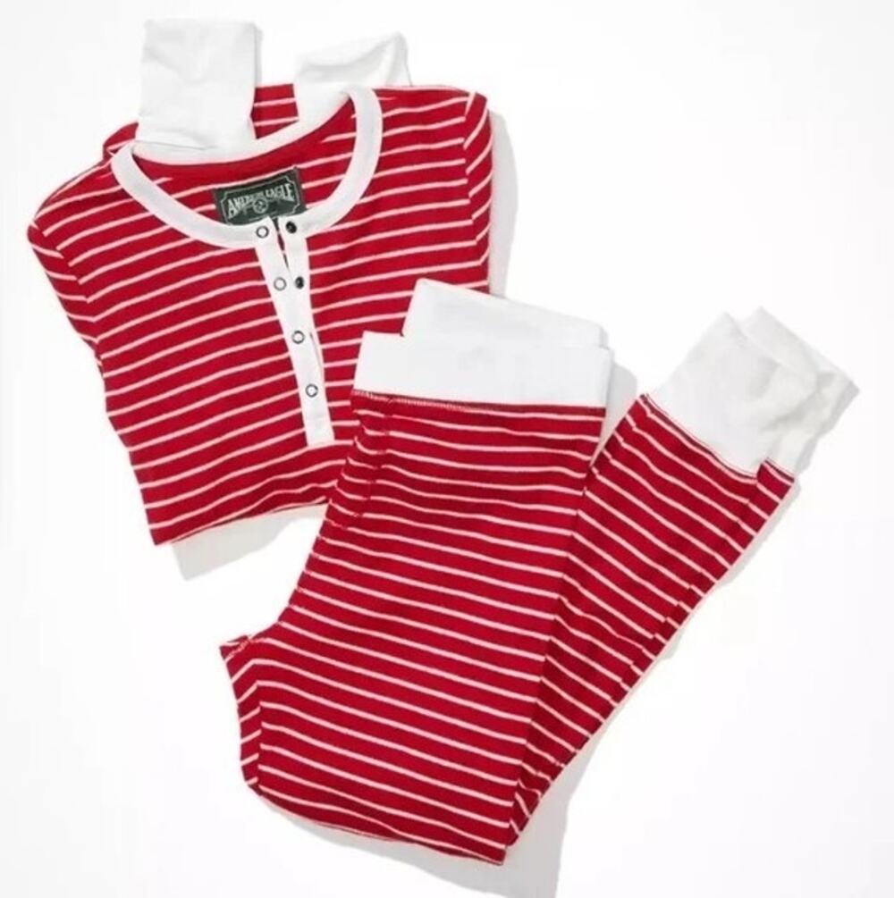 American Eagle Women’s Waffle PJ Pajama Set in Red and White Stripes Size Medium